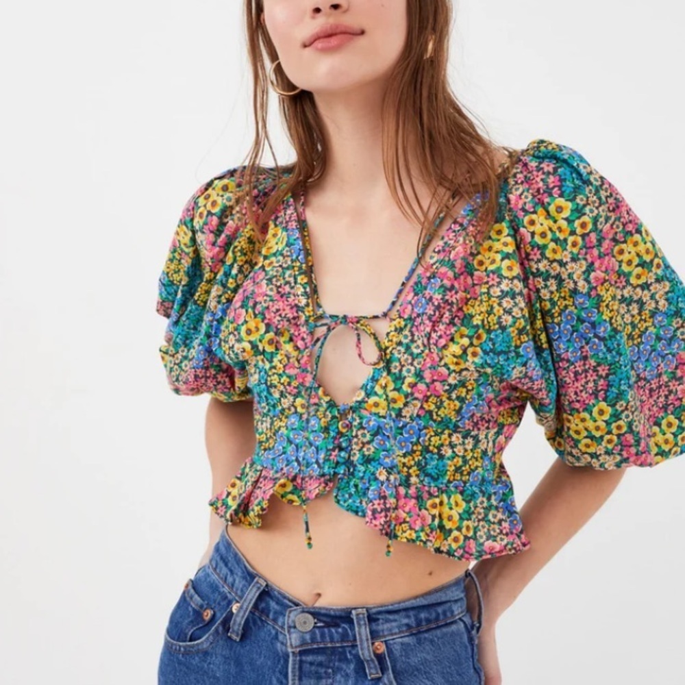 New! For Love And Lemons Ruth Colorful Floral Puff Sleeve Crop Top 2627